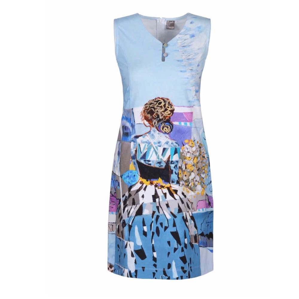Artist Print Light Blue Midi Dress